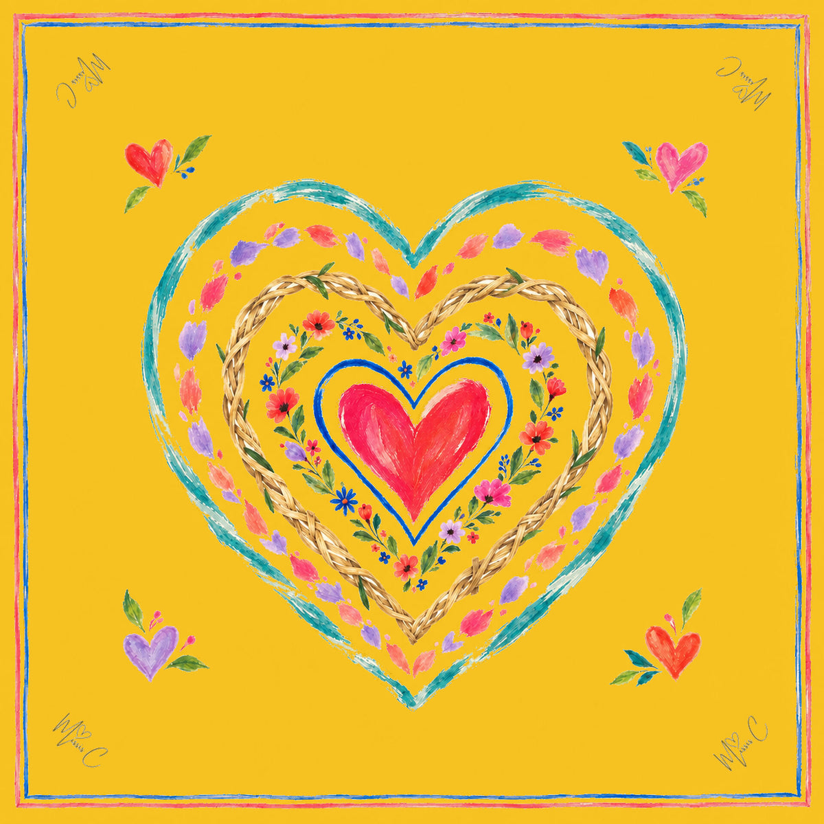 Foulard di seta cuore giallo 65x65