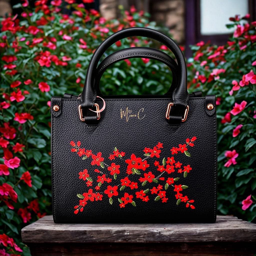 Borsa nera dipinta a mano fiori rossi con twilly